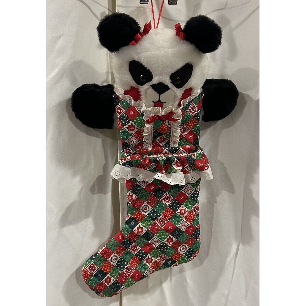 Vtg Christmas Stocking Plush‎ Panda Bear Quilted